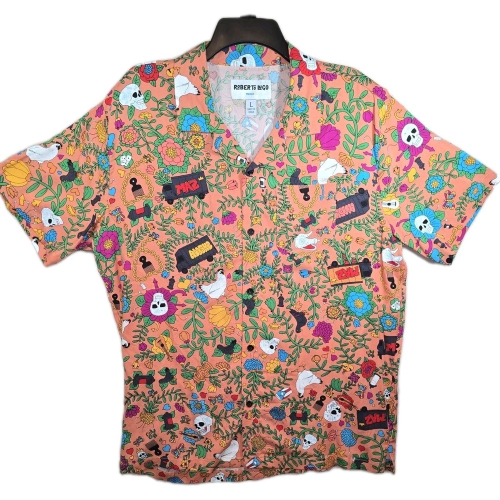 Roberto Lugo Floral Skulls Trucks Printed Rayon Button Down Shirt L‎